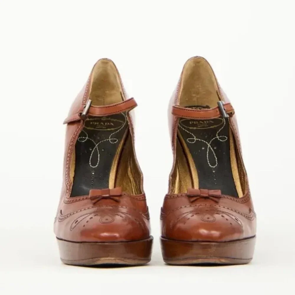 Prada Brown Leather Mary Jane Platform Heels - Picture 2 of 4